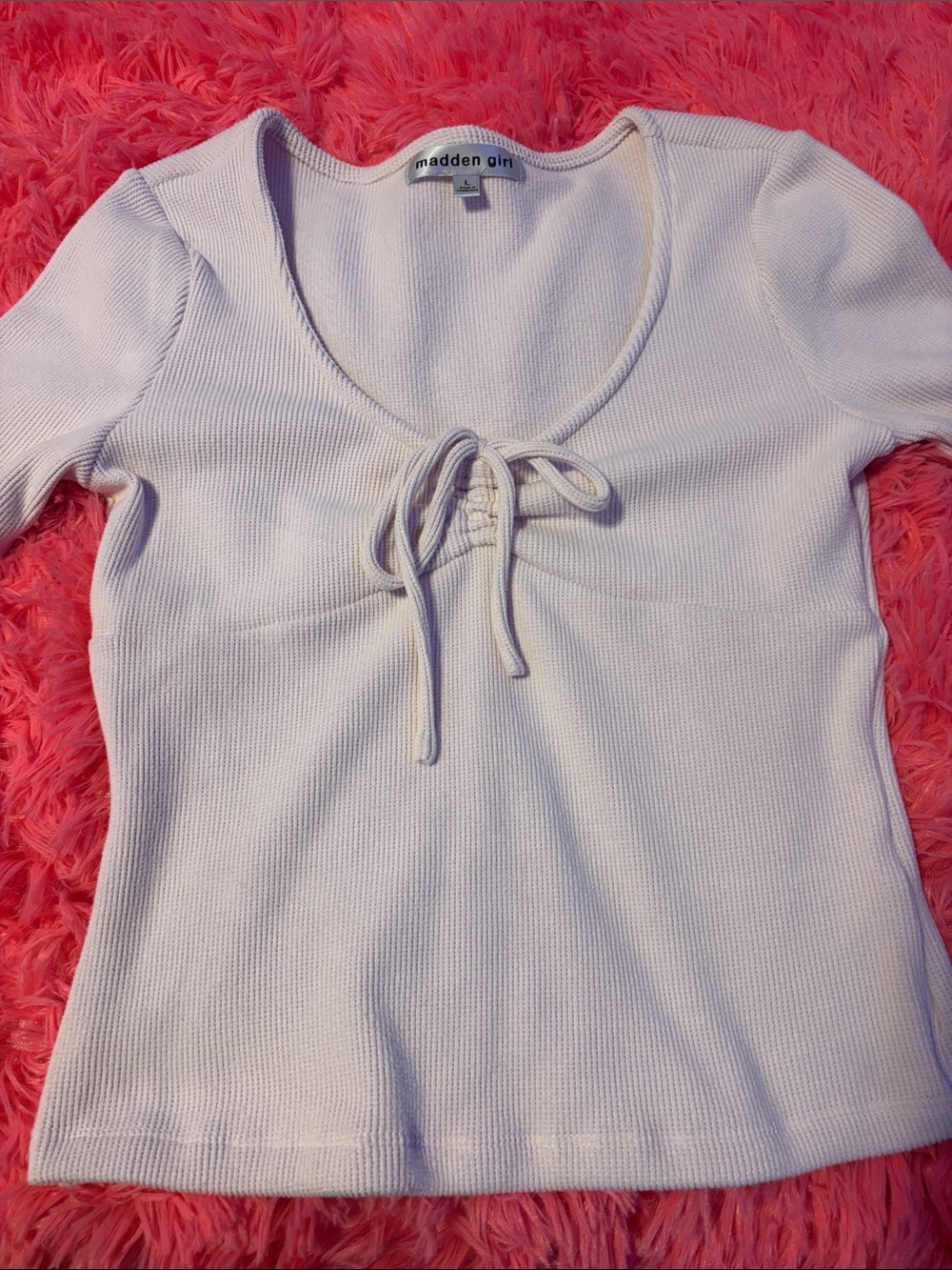Madden Girl Light Light Pink Tie-Front Ribbed Short Long Sleeve Top